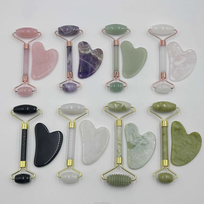 100% ของธรรมชาติ Xiuyan Stone Jade Roller Gua Sha Set สําหรับการยกหน้าและผิวหนังกระชับ